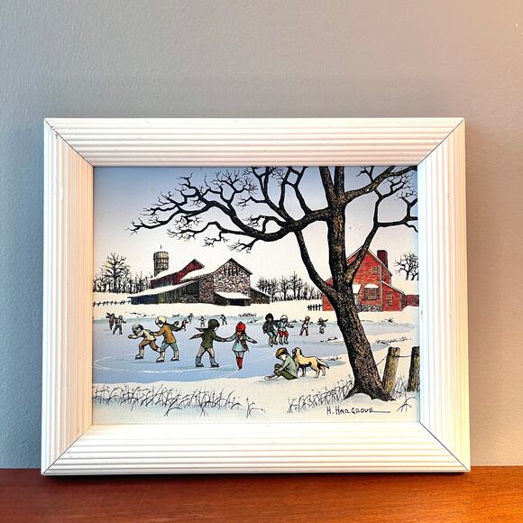 H. Hargrove The Ice Skating Pond Country Scene Framed Oil Painting Canvas Signed - Picture 13 of 15